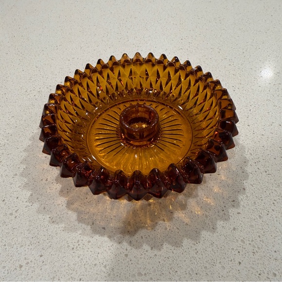 Other - Vintage Indiana Glass Diamond Point Amber Glass Candle Holder
